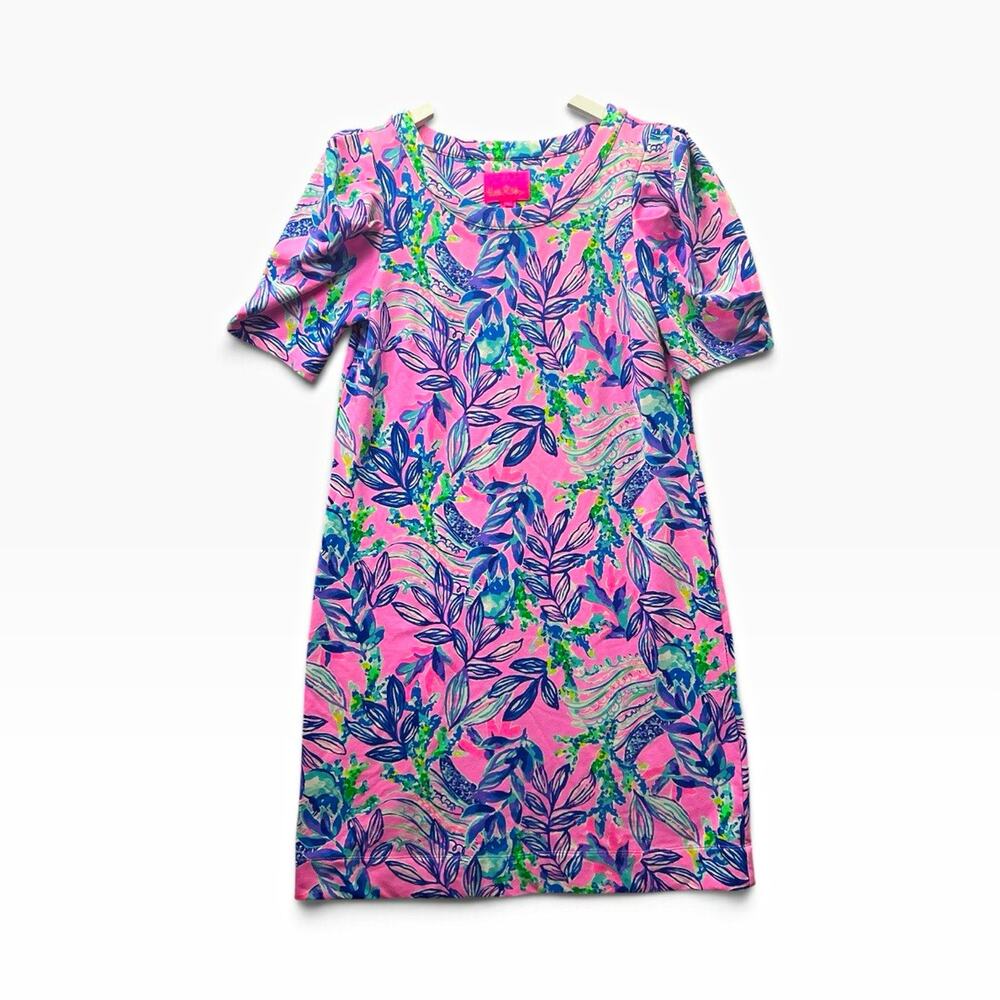 Lilly Pulitzer Shift Dress Pink Floral Knit Bow Puff Sleeve Size M women’s